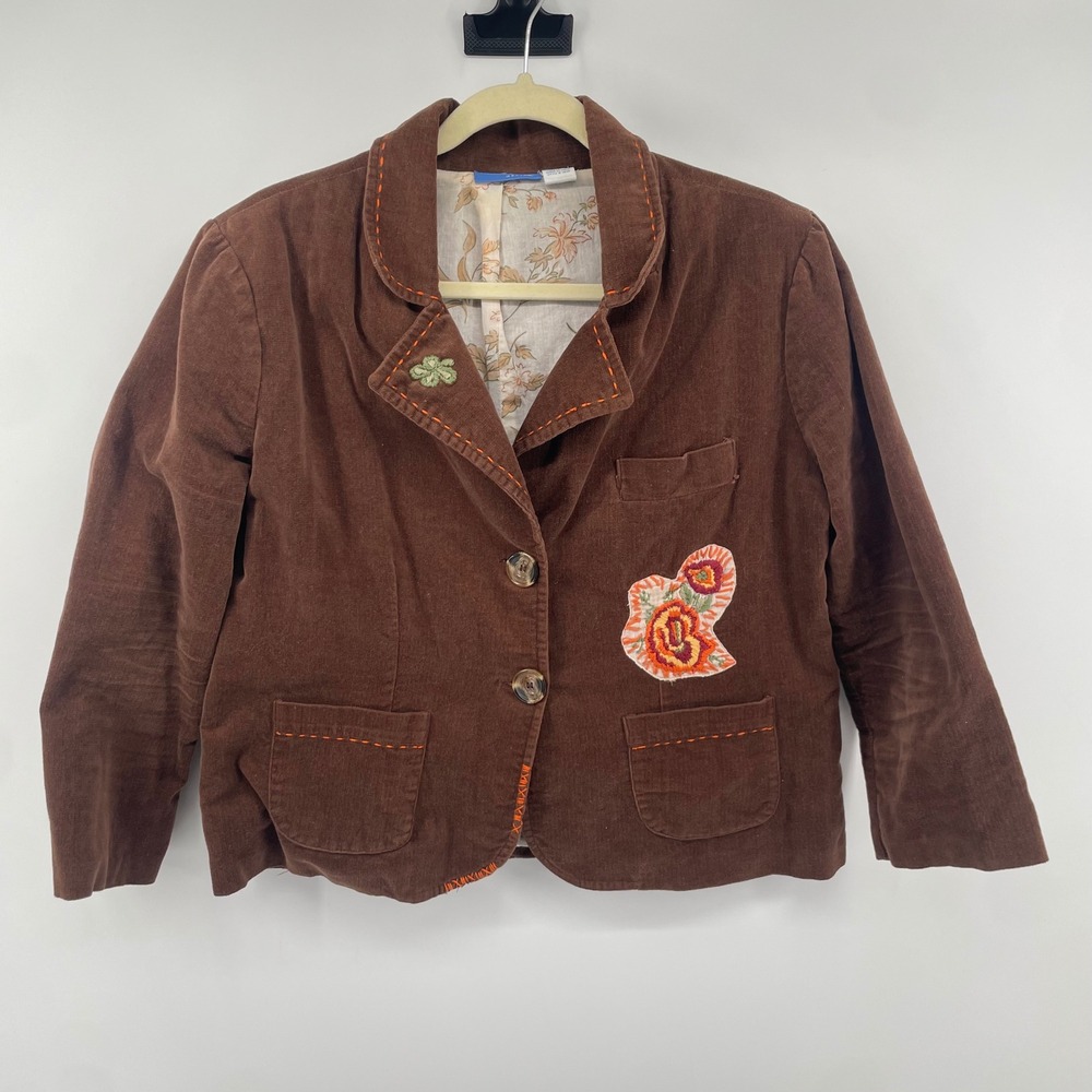 dELiA*s Corduroy Blazer Women XL Brown Embroidered Whipstitch Floral Jacket Y2K